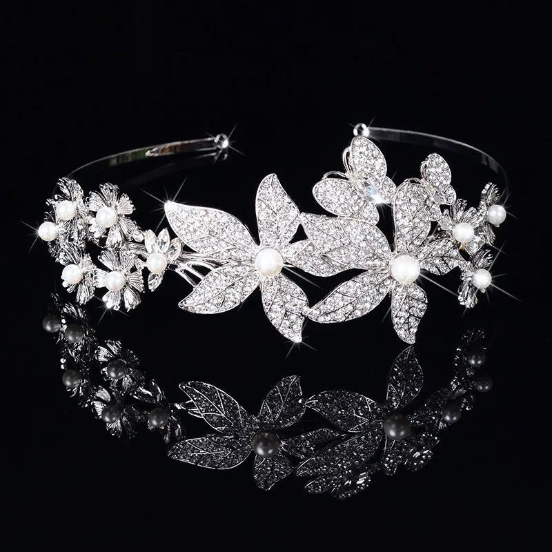 Wedding Hair Accessories - Silver Pearl and Crystal Bridal Side-Headband/Tiara