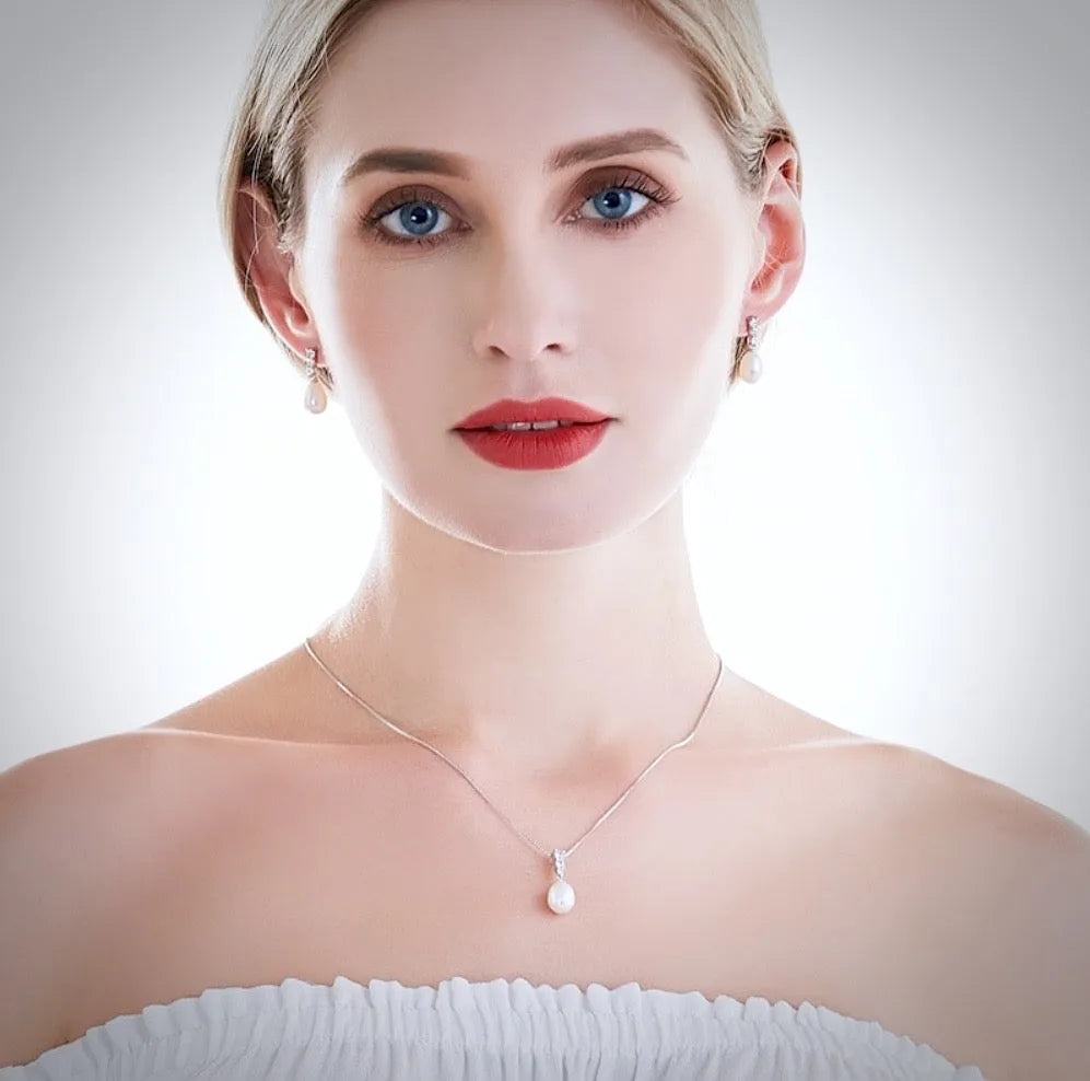 Pearl Wedding Jewelry - Sterling Silver Pearl and Cubic Zirconia Bridal Jewelry Set