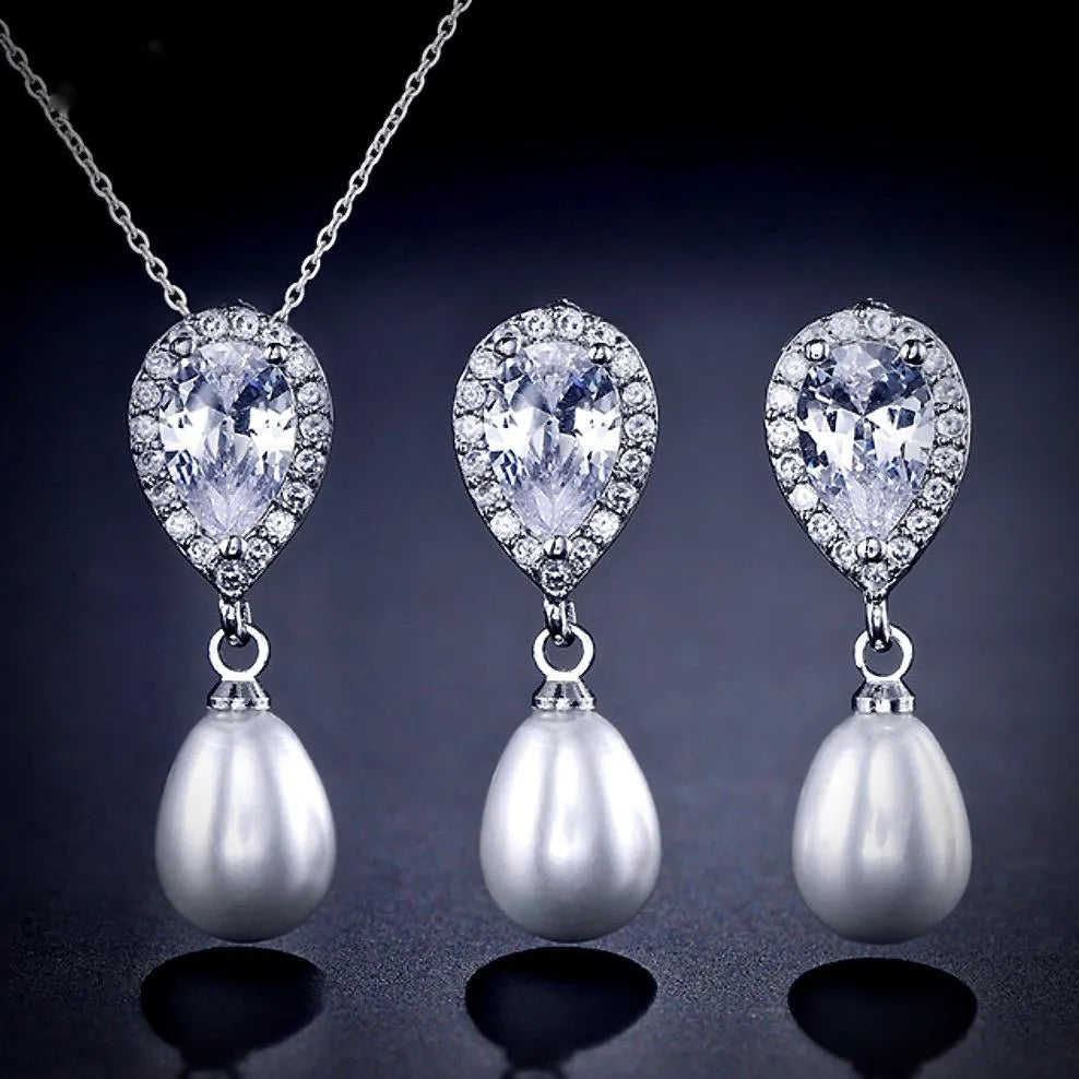 Wedding Jewelry - Pearl and Cubic Zirconia Bridal Necklace and Earrings Set - Available in Silver, Rose Gold and Yellow Gold 