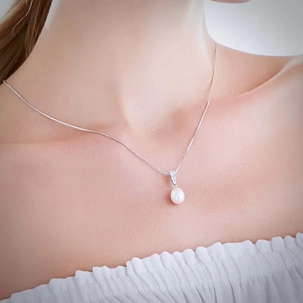 Pearl Wedding Jewelry - Sterling Silver Pearl and Cubic Zirconia Bridal Jewelry Set