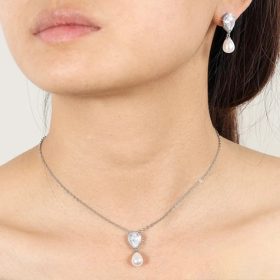 Wedding Jewelry - Pearl and Cubic Zirconia Bridal Necklace and Earrings Set - Available in Silver, Rose Gold and Yellow Gold 