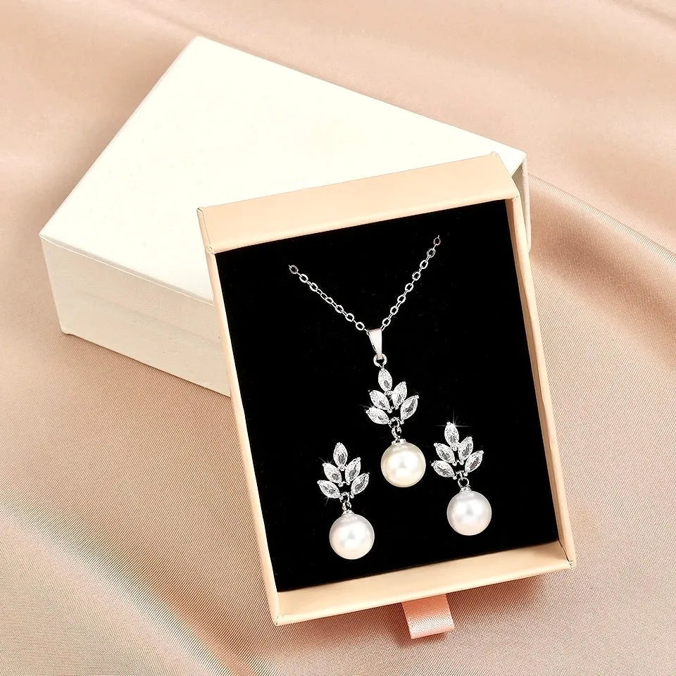 Wedding Pearl Jewelry - Pearl and Cubic Zirconia Jewelry Set - Available in Silver and Rose Gold