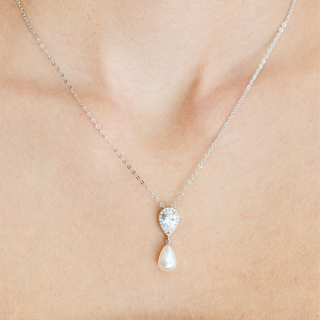 Wedding Jewelry - Pearl and Cubic Zirconia Bridal Necklace and Earrings Set - Available in Silver, Rose Gold and Yellow Gold 