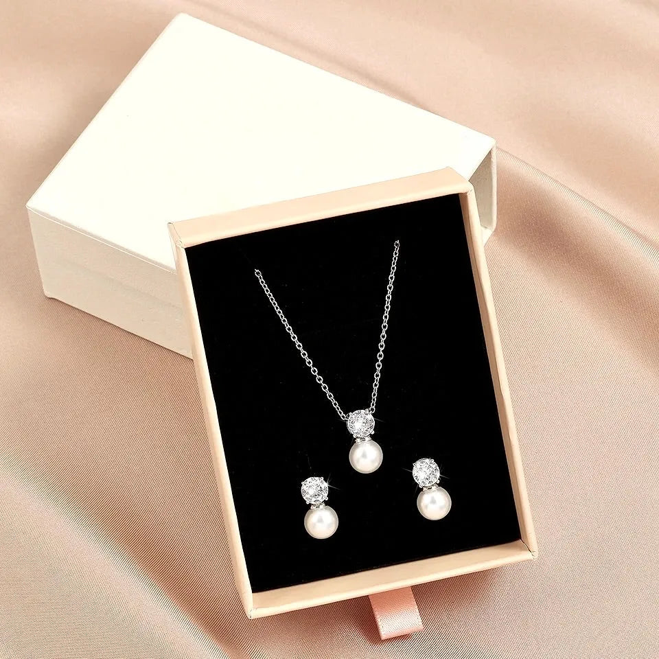 Wedding Pearl Jewelry - Pearl and Cubic Zirconia Jewelry Set - Available in Rose Gold and Silver