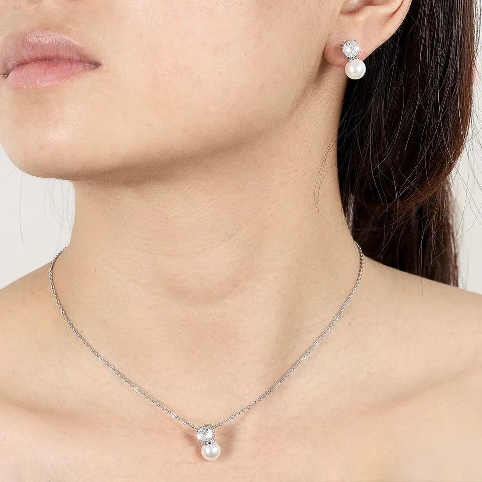 Wedding Pearl Jewelry - Pearl and Cubic Zirconia Jewelry Set - Available in Rose Gold and Silver