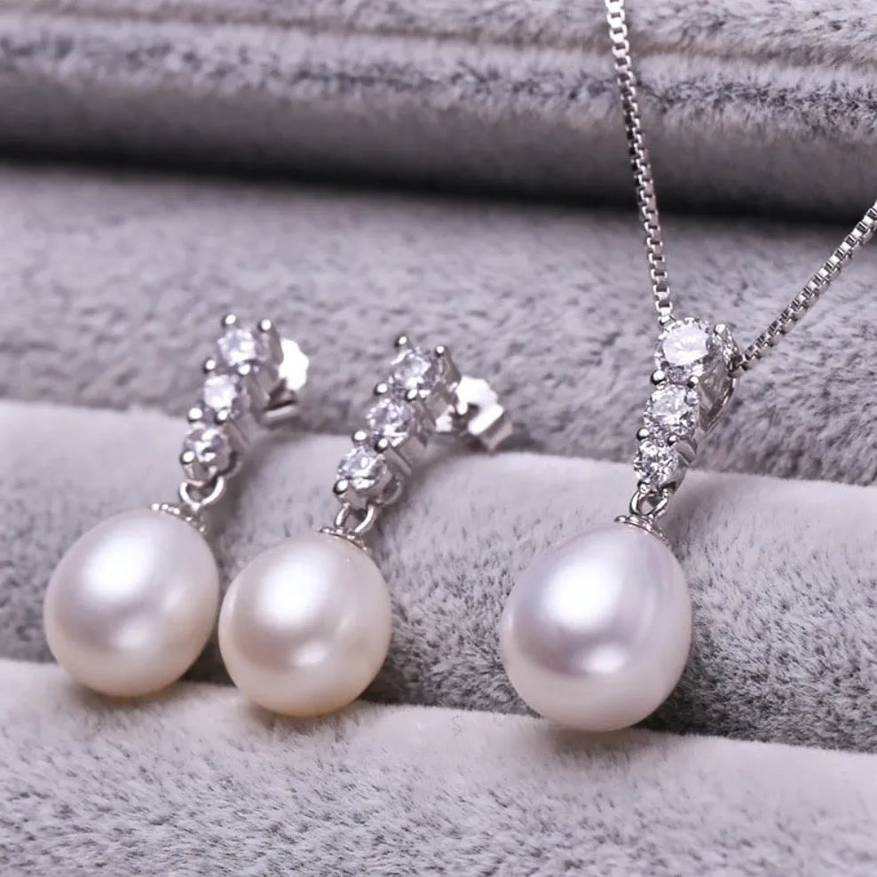 Pearl Wedding Jewelry - Sterling Silver Pearl and Cubic Zirconia Bridal Jewelry Set