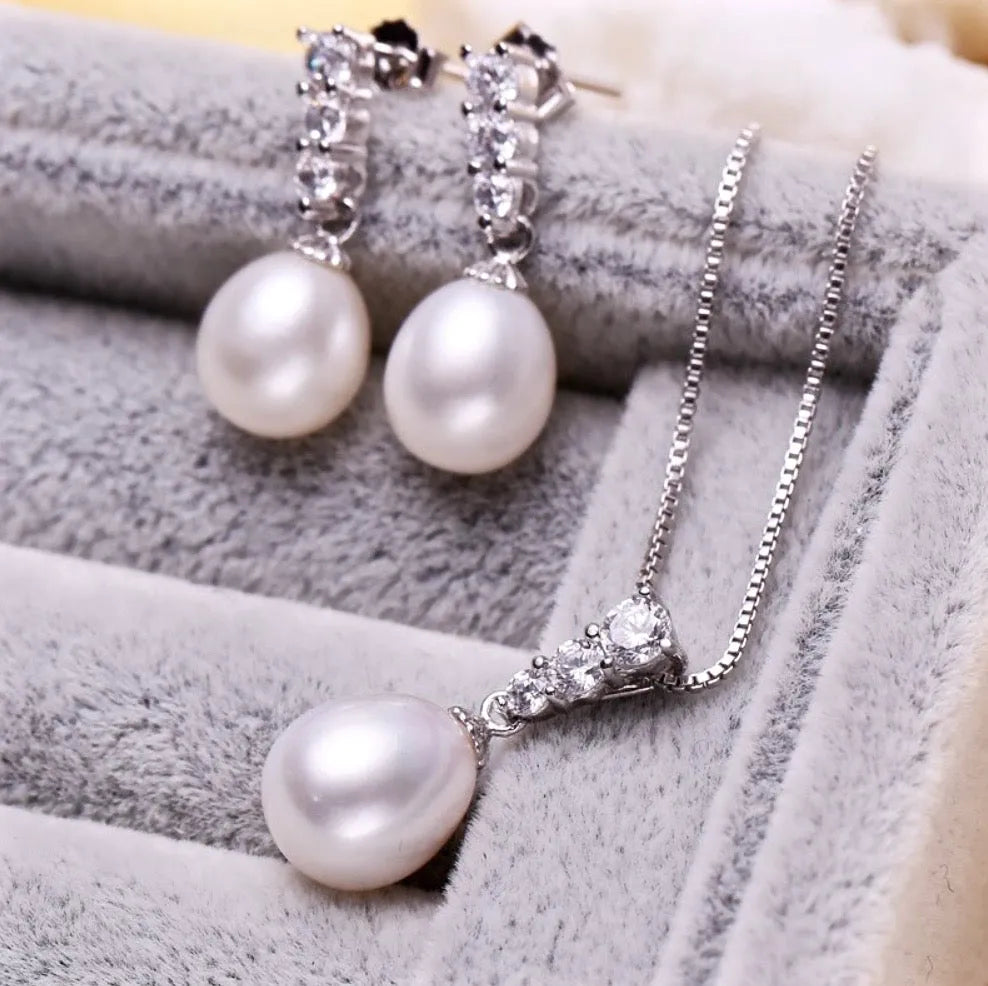 Pearl Wedding Jewelry - Sterling Silver Pearl and Cubic Zirconia Bridal Jewelry Set