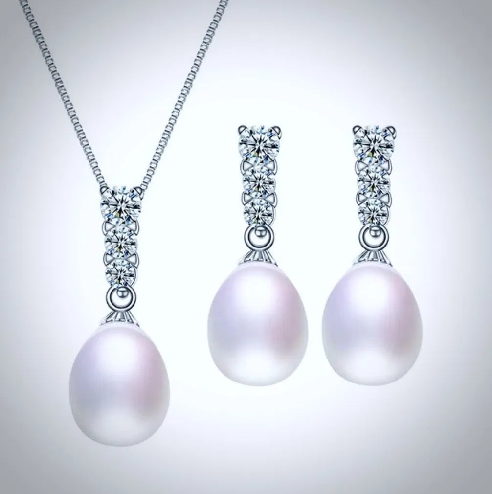 Pearl Wedding Jewelry - Sterling Silver Pearl and Cubic Zirconia Bridal Jewelry Set