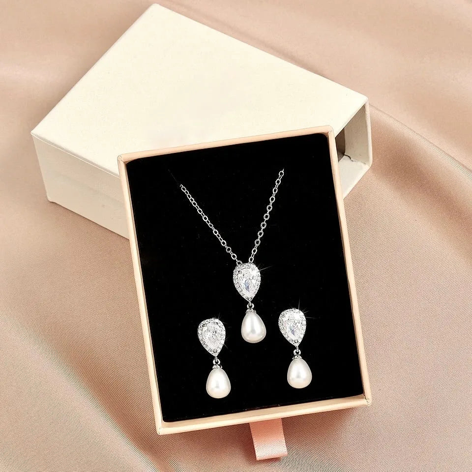 Wedding Jewelry - Pearl and Cubic Zirconia Bridal Necklace and Earrings Set - Available in Silver, Rose Gold and Yellow Gold 