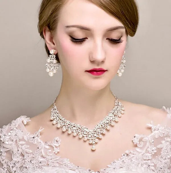 Pearl Wedding Jewelry - Silver Cubic Zirconia and Pearl 3-Piece Bridal Jewelry Set  with Half Tiara