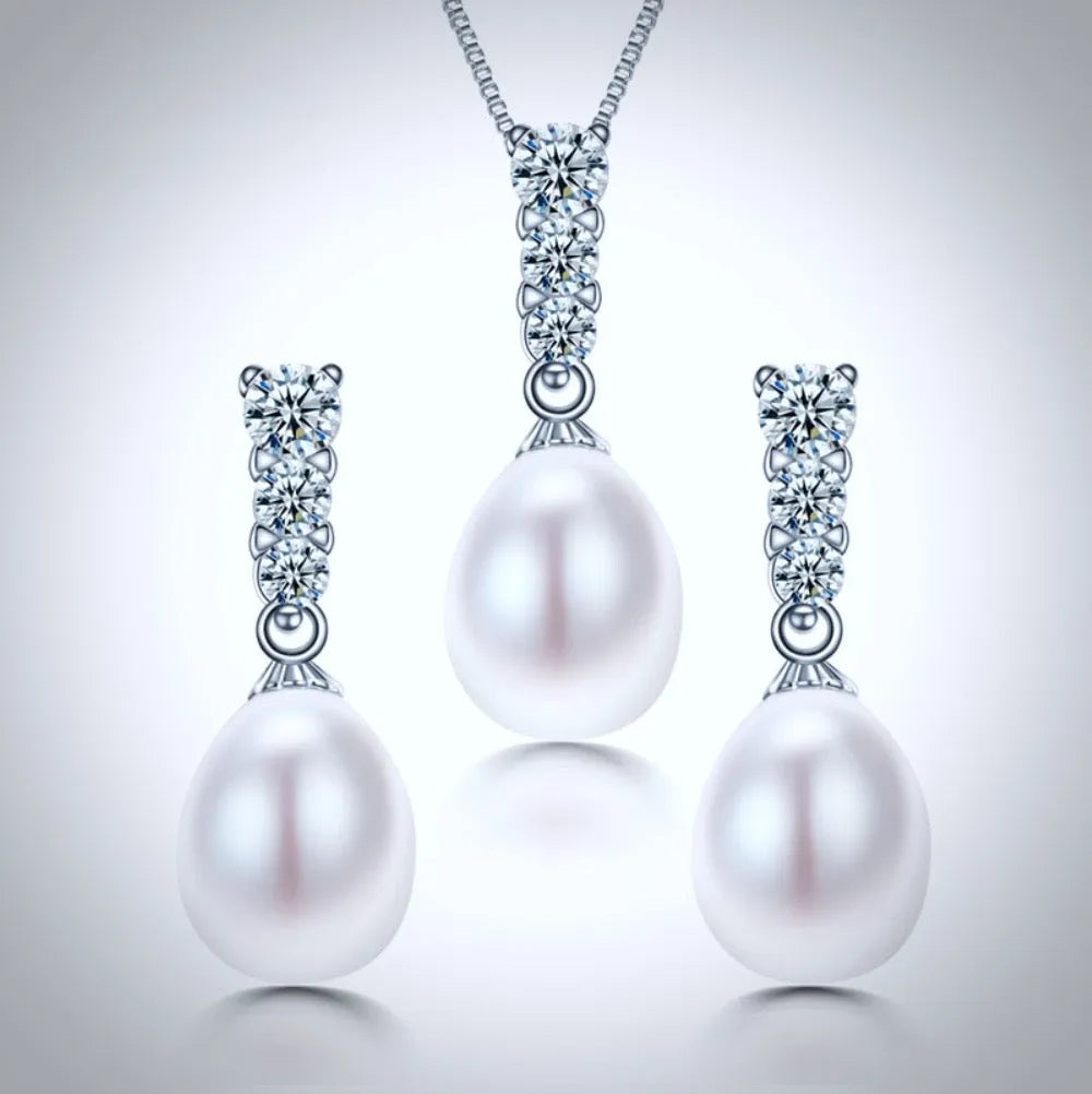 Pearl Wedding Jewelry - Sterling Silver Pearl and Cubic Zirconia Bridal Jewelry Set