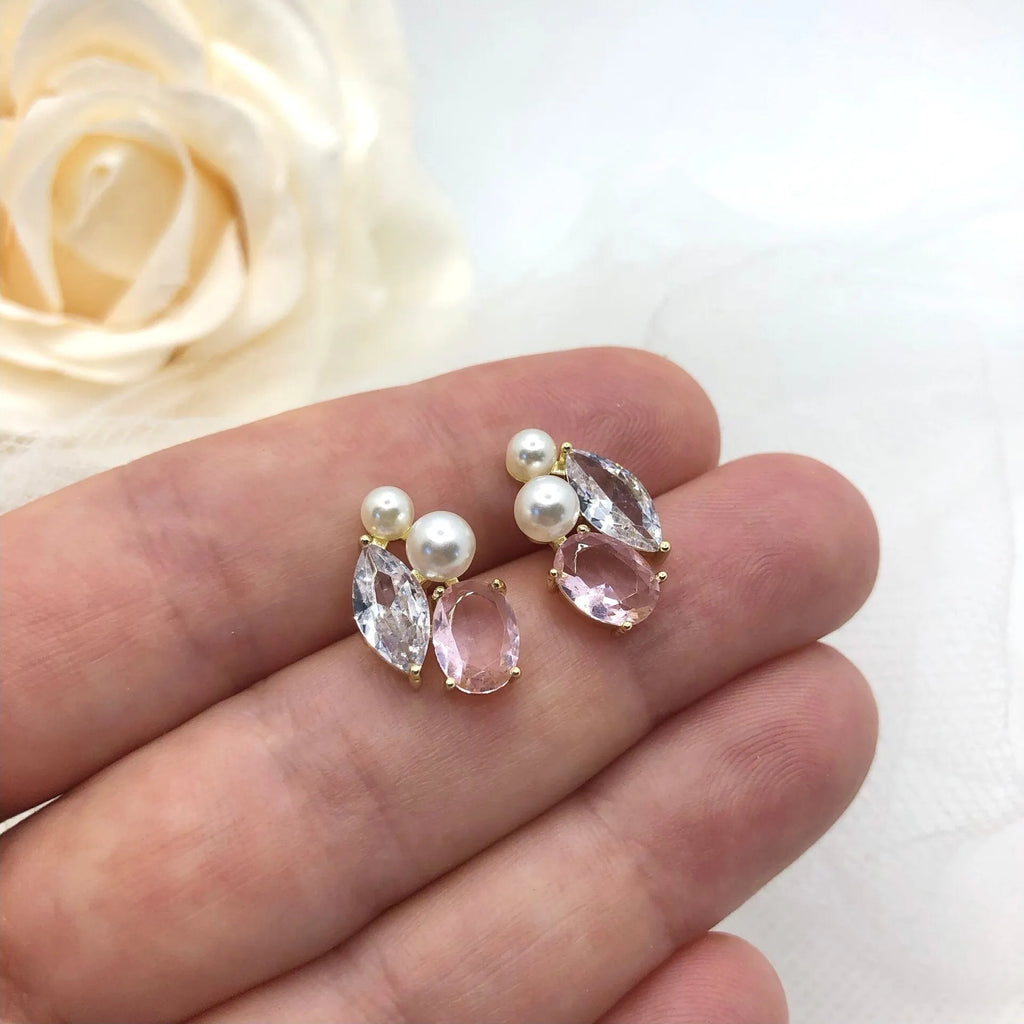 Wedding Jewelry - Pearl and Pink CZ Bridal Stud Earrings