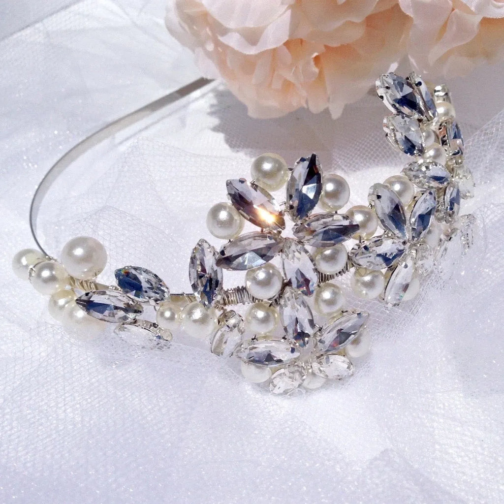 Wedding Hair Accessories - Silver Pearl and Crystal Bridal Side-Headband