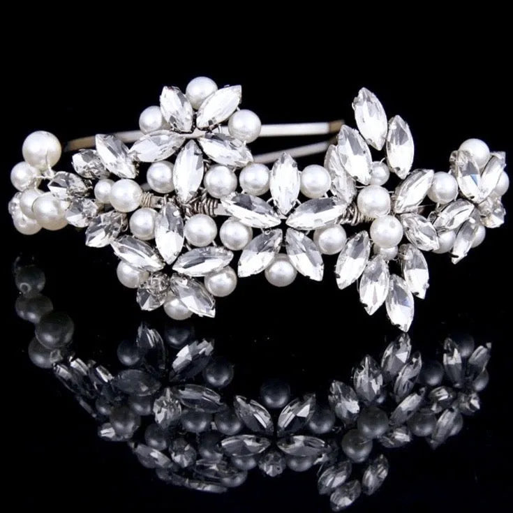 Wedding Hair Accessories - Silver Pearl and Crystal Bridal Side-Headband