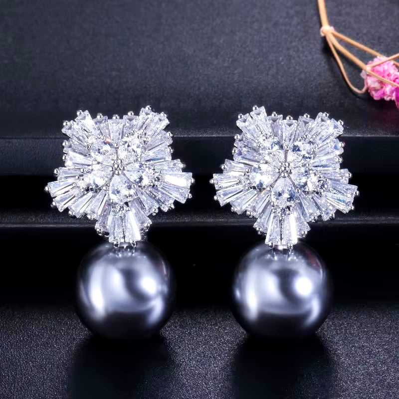 Wedding Jewelry - Pearl and Cubic Zirconia Snowflake Bridal Earrings - More Colors