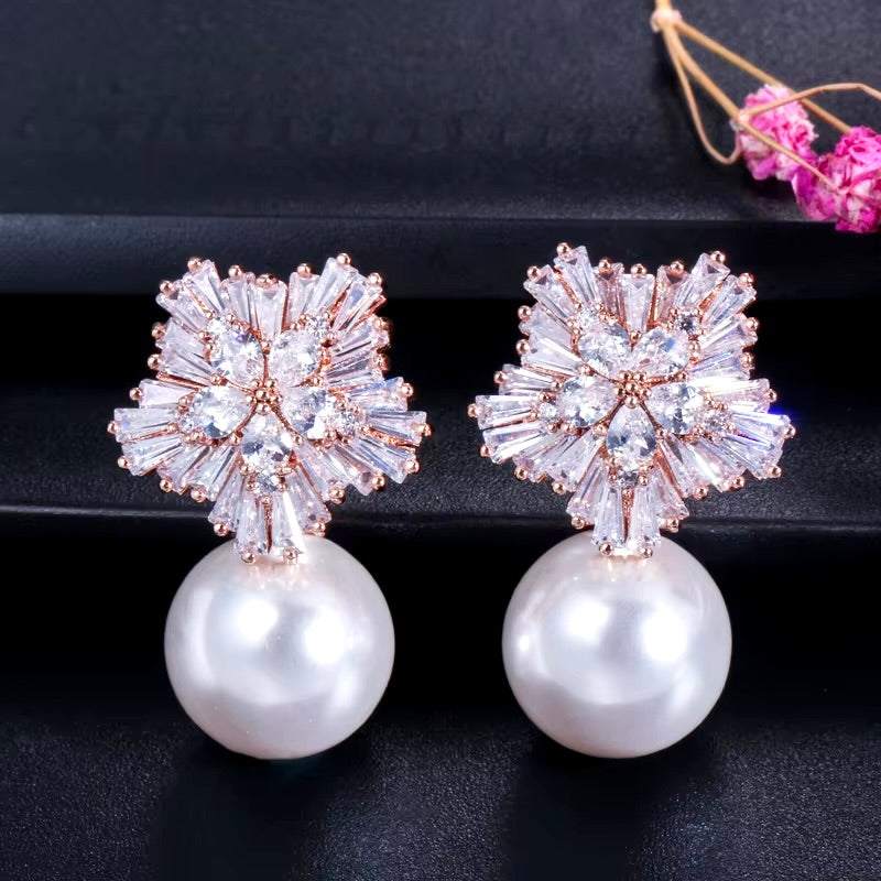 Wedding Jewelry - Pearl and Cubic Zirconia Snowflake Bridal Earrings - More Colors