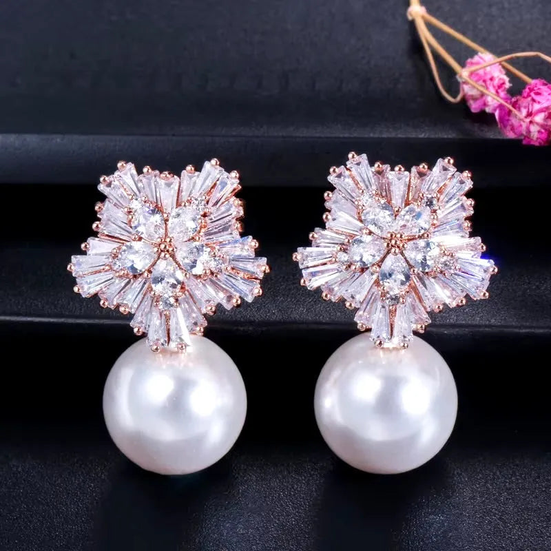 Wedding Jewelry - Pearl and Cubic Zirconia Snowflake Bridal Earrings - More Colors