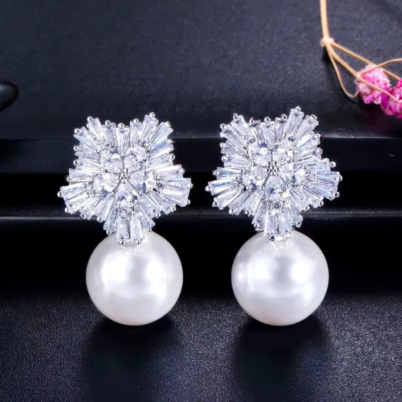 Wedding Jewelry - Pearl and Cubic Zirconia Snowflake Bridal Earrings - More Colors