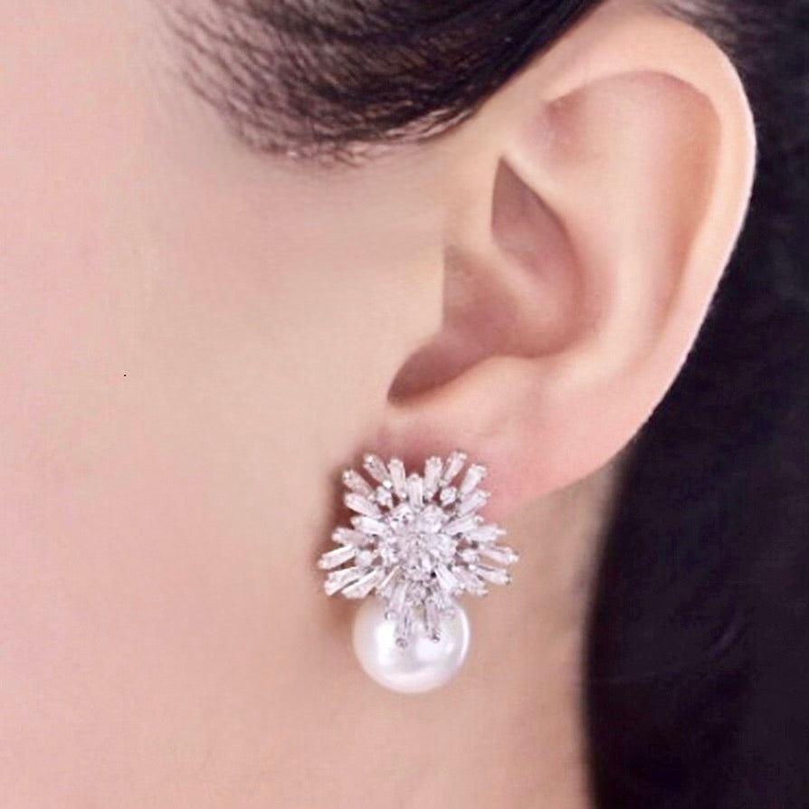 Wedding Jewelry - Pearl and Cubic Zirconia Snowflake Bridal Earrings - More Colors