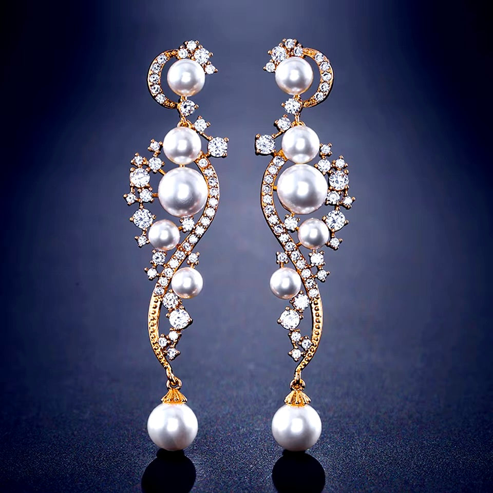 Wedding Jewelry - Pearl and Cubic Zirconia Bridal Earrings