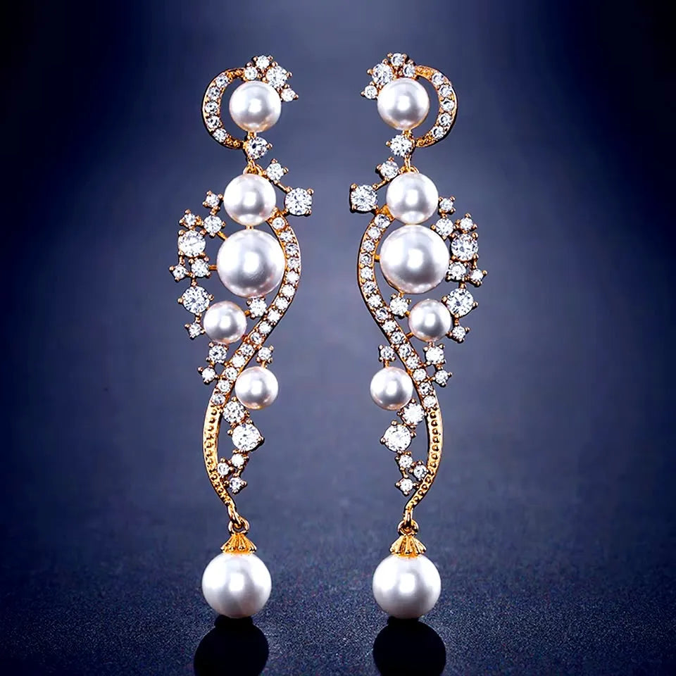 Wedding Jewelry - Pearl and Cubic Zirconia Bridal Earrings