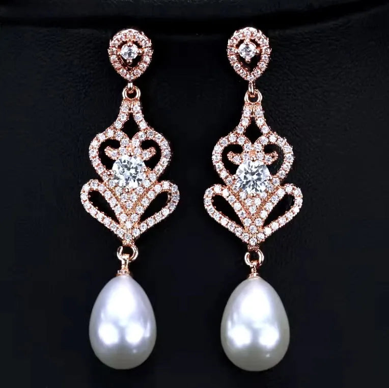 Pearl Wedding Jewelry - Pearl and Cubic Zirconia Bridal Earrings - Available in Silver and Rose Gold