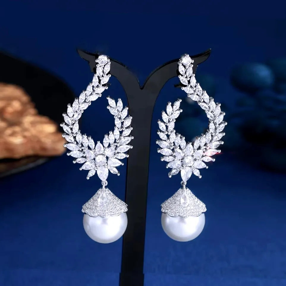 Wedding Jewelry - Pearl and Cubic Zirconia Bridal Earrings 