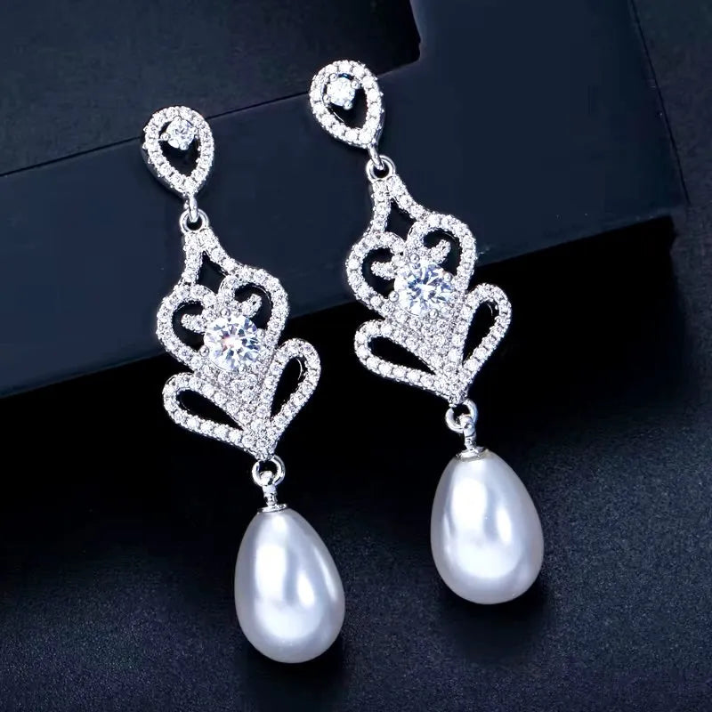 Pearl Wedding Jewelry - Pearl and Cubic Zirconia Bridal Earrings - Available in Silver and Rose Gold