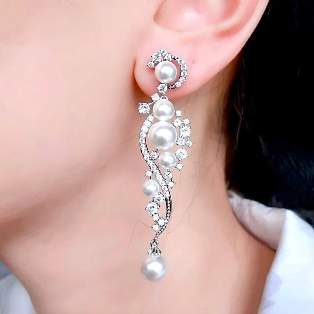 Wedding Jewelry - Pearl and Cubic Zirconia Bridal Earrings