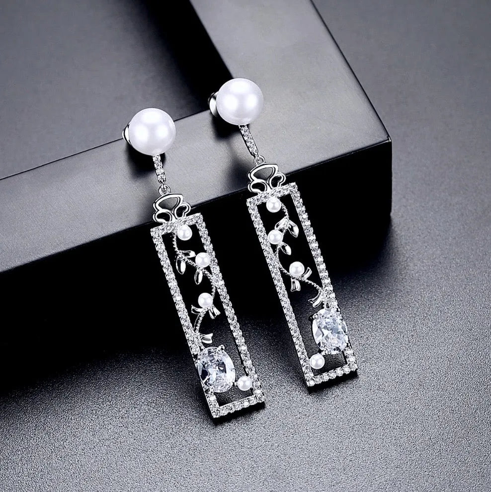 Pearl Wedding Jewelry - Pearl and Cubic Zirconia Bridal Earrings