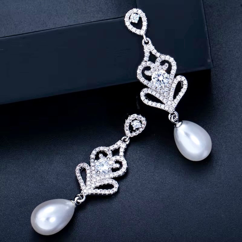 Pearl Wedding Jewelry - Pearl and Cubic Zirconia Bridal Earrings - Available in Silver and Rose Gold