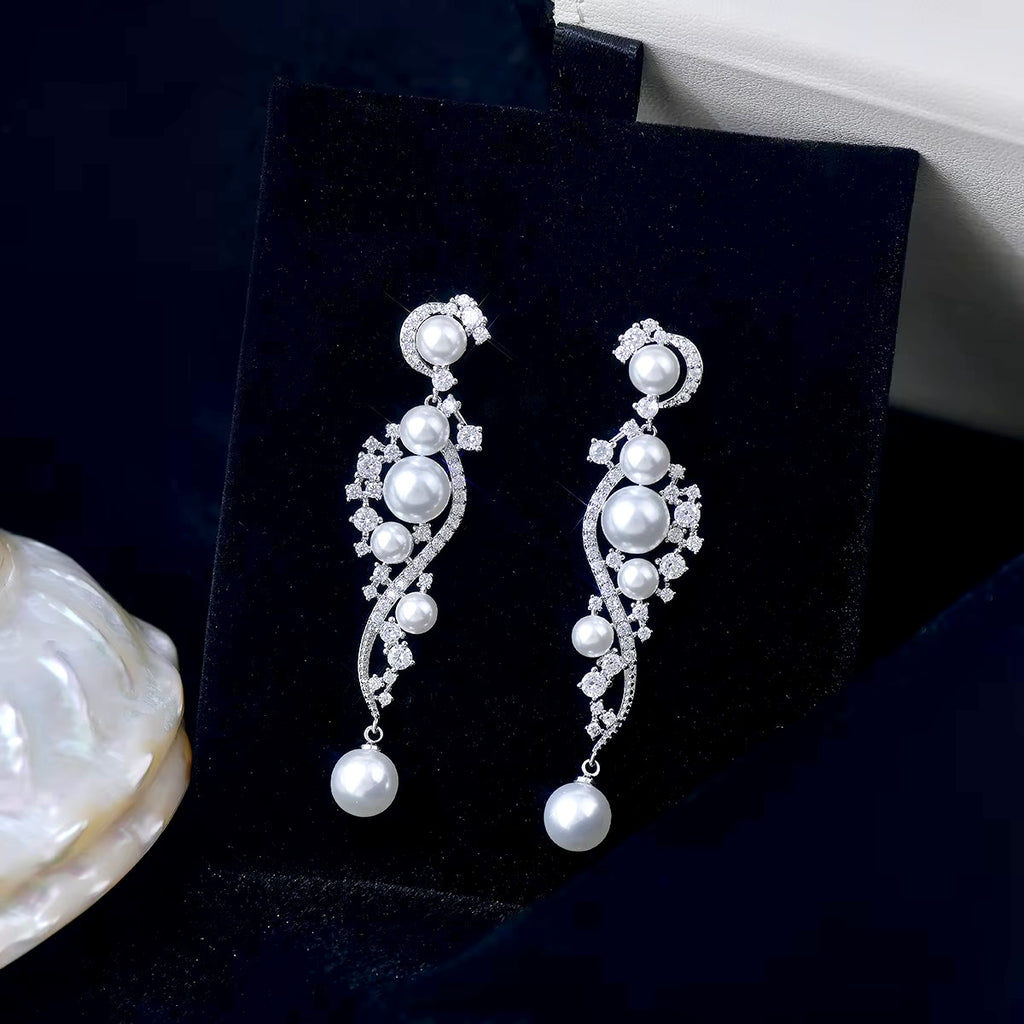Wedding Jewelry - Pearl and Cubic Zirconia Bridal Earrings
