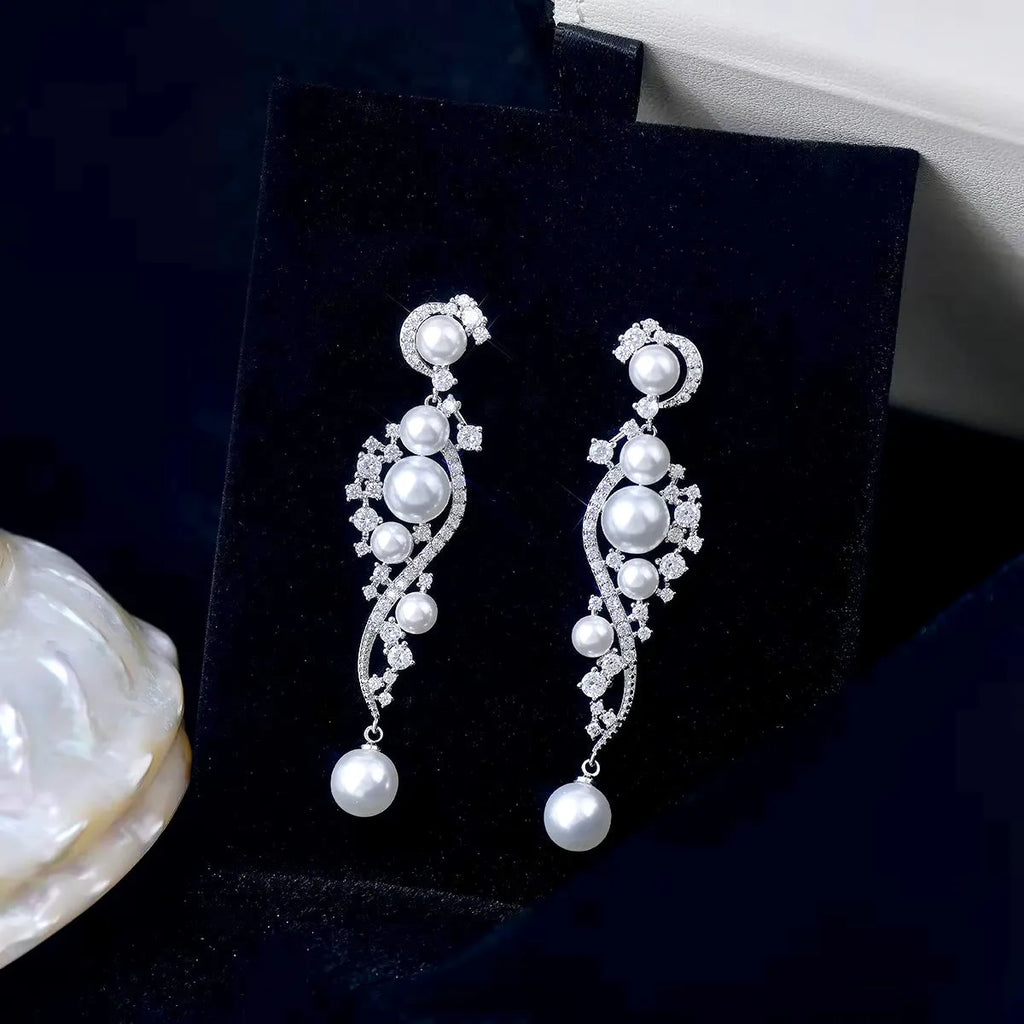 Wedding Jewelry - Pearl and Cubic Zirconia Bridal Earrings