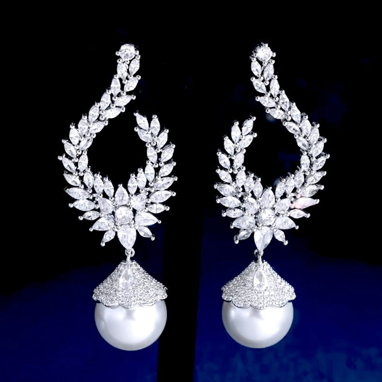 Wedding Jewelry - Pearl and Cubic Zirconia Bridal Earrings 