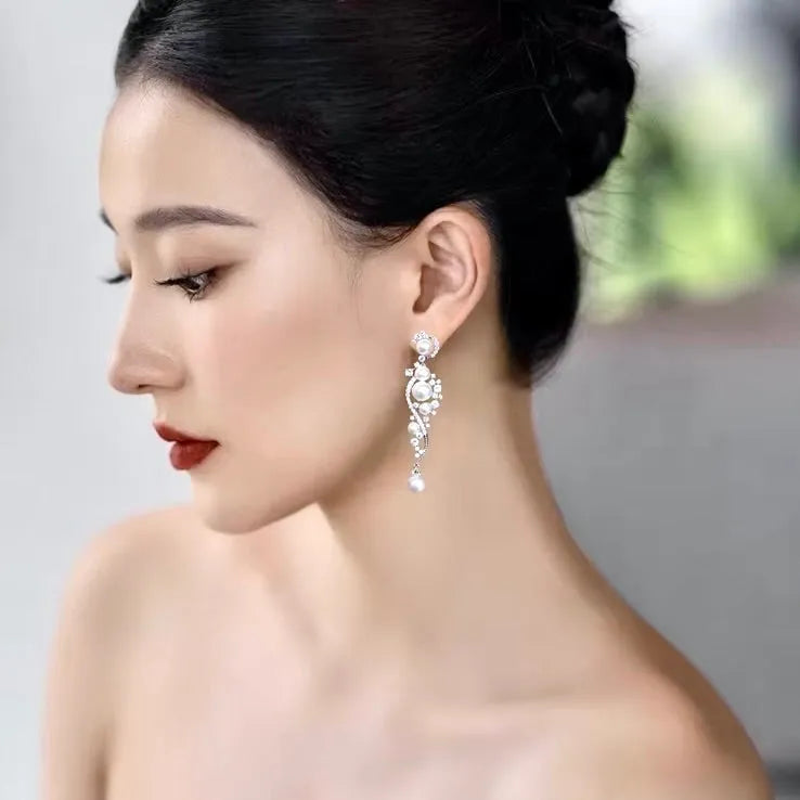 Wedding Jewelry - Pearl and Cubic Zirconia Bridal Earrings