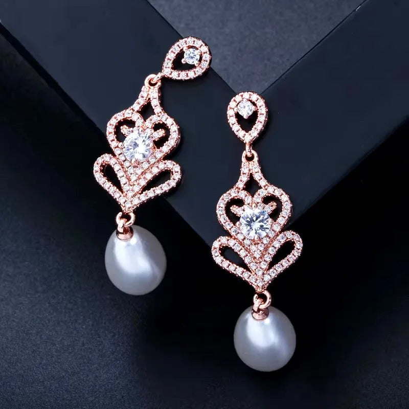 Pearl Wedding Jewelry - Pearl and Cubic Zirconia Bridal Earrings - Available in Silver and Rose Gold