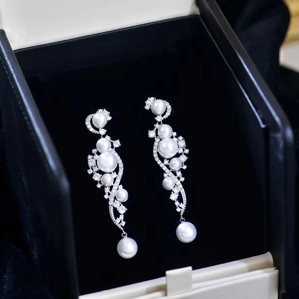 Wedding Jewelry - Pearl and Cubic Zirconia Bridal Earrings