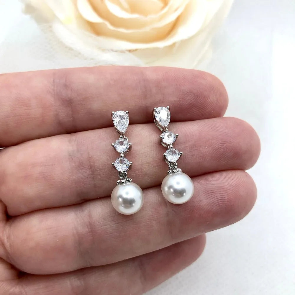 Pearl Wedding Jewelry - Pearl and Cubic Zirconia Bridal Earrings