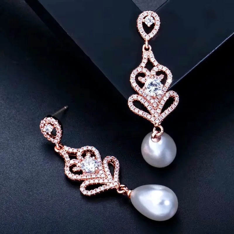 Pearl Wedding Jewelry - Pearl and Cubic Zirconia Bridal Earrings - Available in Silver and Rose Gold