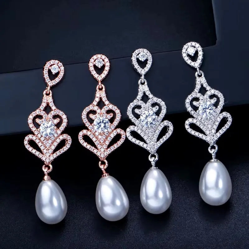 Pearl Wedding Jewelry - Pearl and Cubic Zirconia Bridal Earrings - Available in Silver and Rose Gold