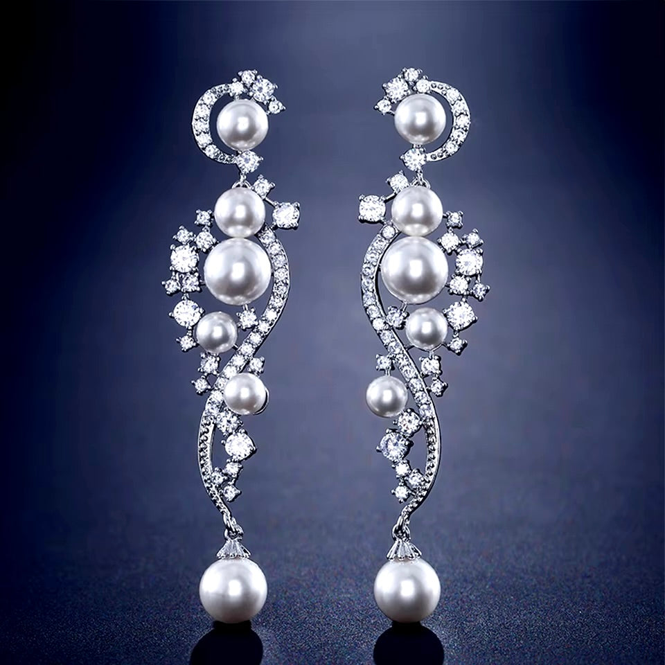 Wedding Jewelry - Pearl and Cubic Zirconia Bridal Earrings
