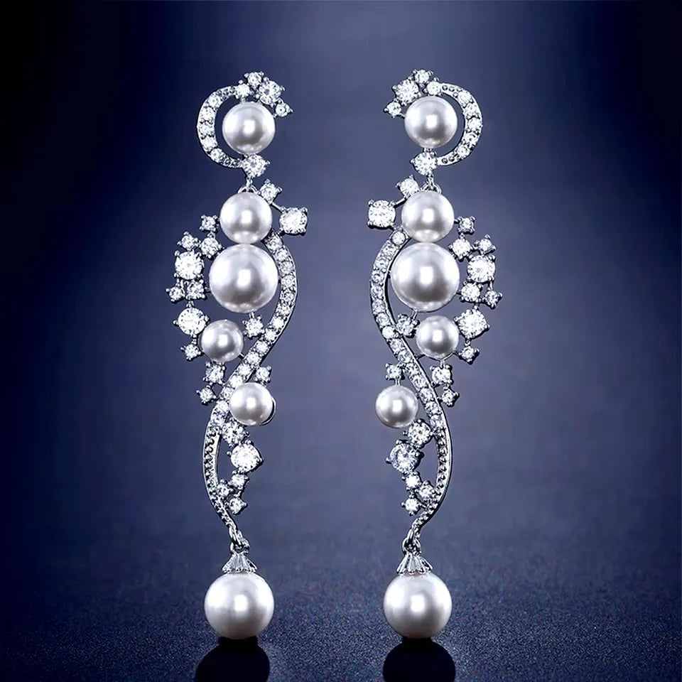 Wedding Jewelry - Pearl and Cubic Zirconia Bridal Earrings