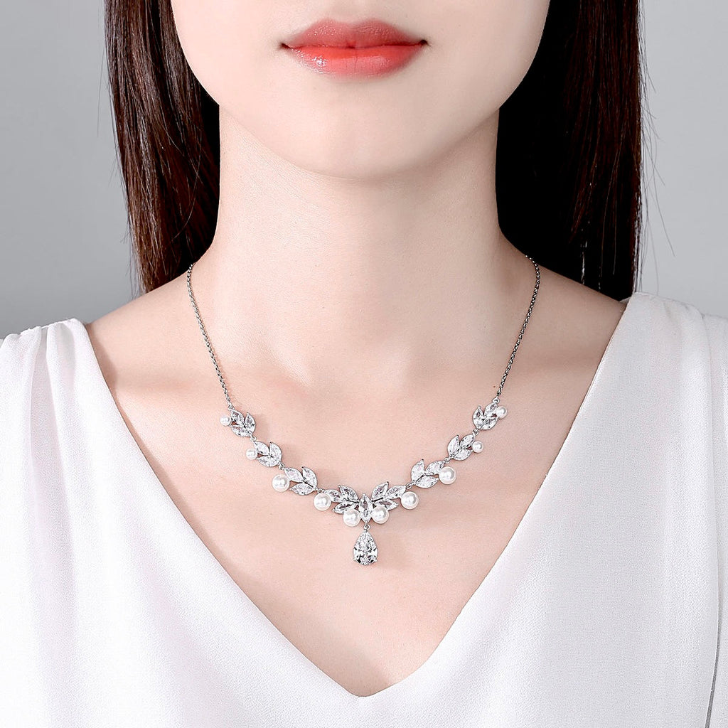 Wedding Jewelry - Silver Cubic Zirconia and Pearl Bridal Jewelry Set