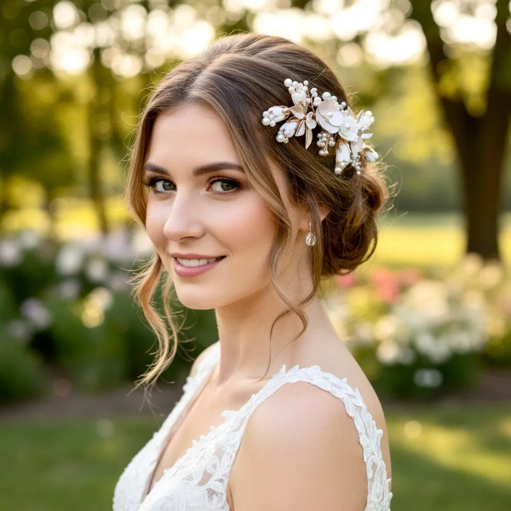 Wedding Hair Accessories - Pearl and Ceramic Flowers Bridal Hair Comb - Available in Silver, Gold and Rose Gold