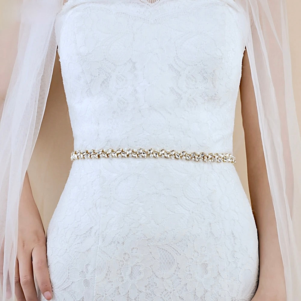 Arya Pearl and Crystal Wedding Belt Sash Silver, Gold Rose Gold