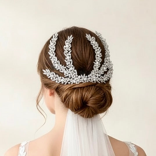 Silver Bridal Headdress with Crystals & Pearls | Wedding Hair Accessory