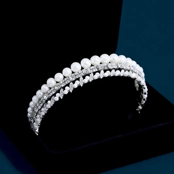 Elegant Pearl & Crystal Bridal Headband | Silver Wedding Headpiece