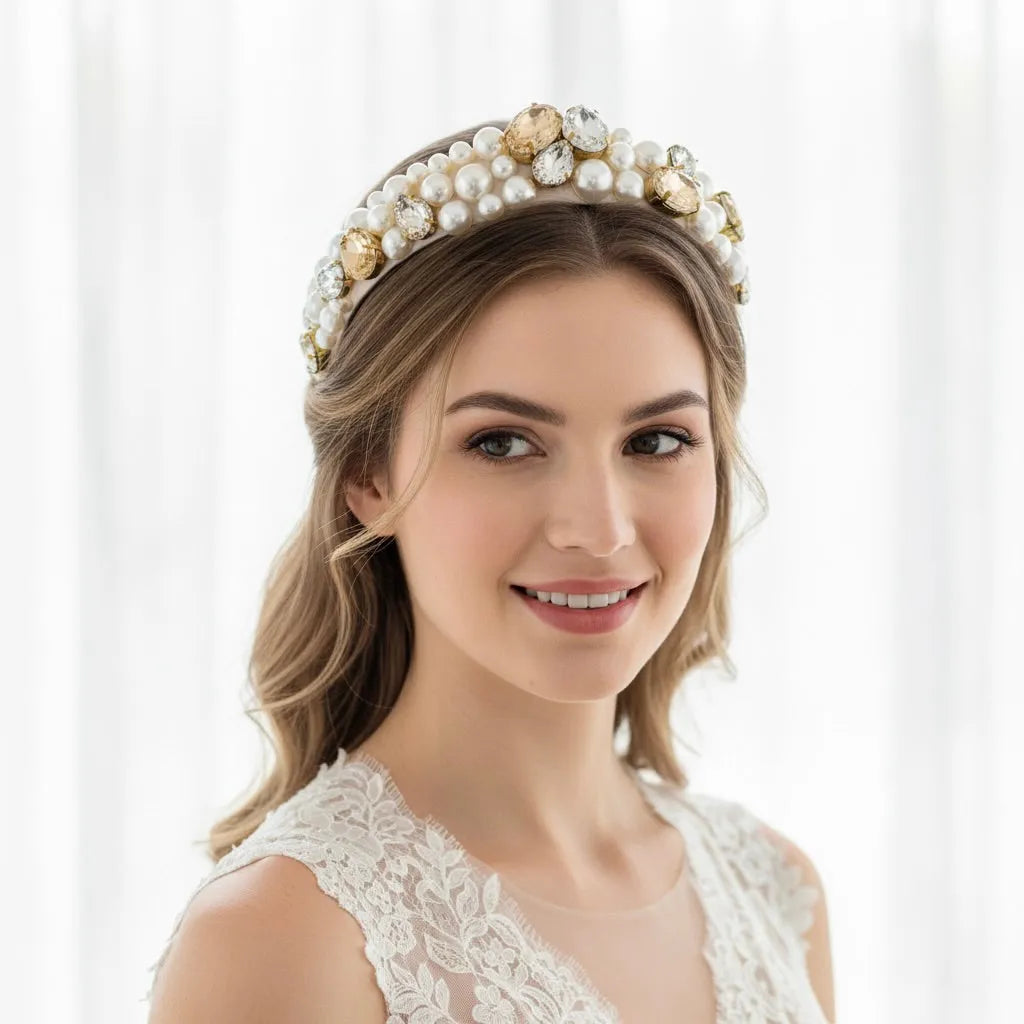 Wedding Hair Accessories - Pearl and Rhinestone Embellished Bridal Headband - Available in Gold and Silver