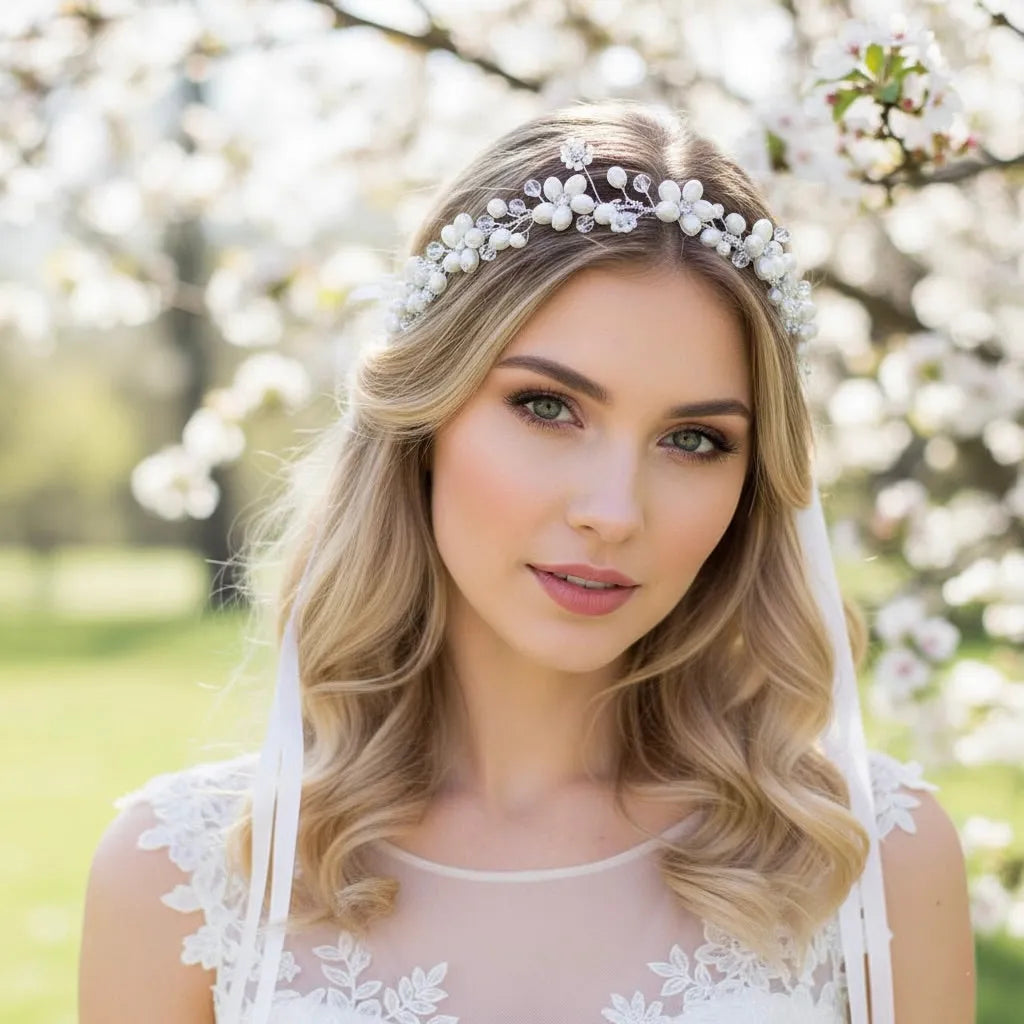 Bridal Headband/Vine Silver Pearl & Crystal - Wedding Hair  display picture 3