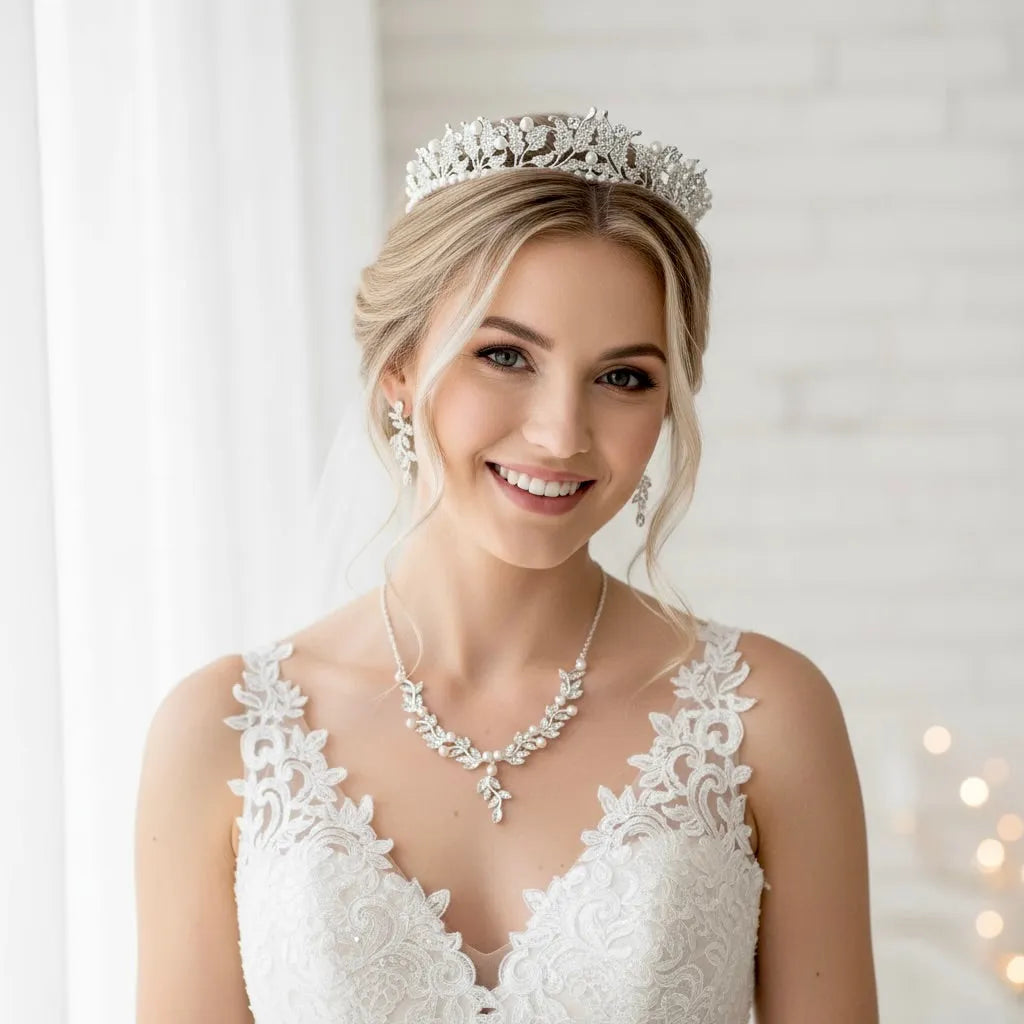 Pearl & Crystal Bridal Tiara Necklace Earring Set - Silver Tone WREN-PEARLS Crystal Tiara – Wedding Crown | Ellee Couture  main image 4